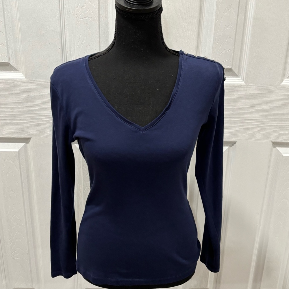 Ralph Lauren Deep Blue V-Neck Long Sleeve Top with button logo detail size S